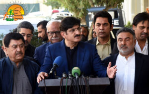 Karachi (March 3rd, 2024) Sindh Chief Minister Syed Murad Ali Shah talks to the media at the Election Commission of Pakistan.