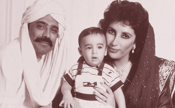 A family portrait of Benazir Bhutto and Asif Ali Zardari with a young Bilawal Bhutto-Zardari